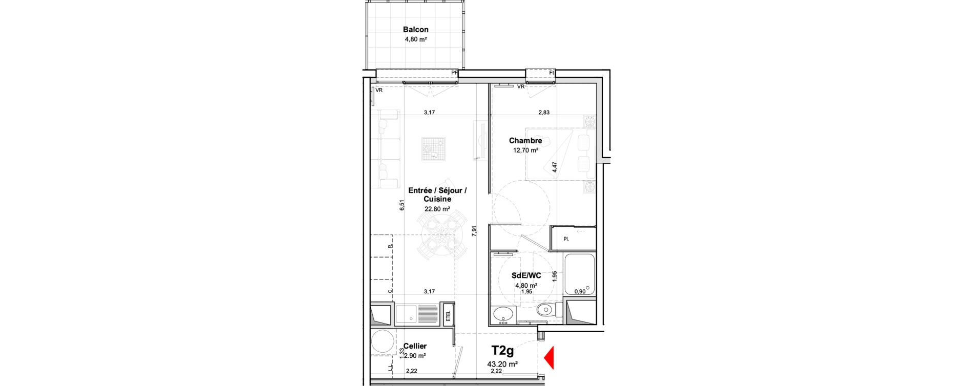 Appartement T2 meubl&eacute; de 43,20 m2 &agrave; Saumur Centre