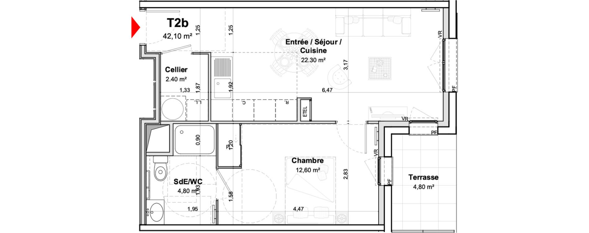 Appartement T2 meubl&eacute; de 42,10 m2 &agrave; Saumur Centre