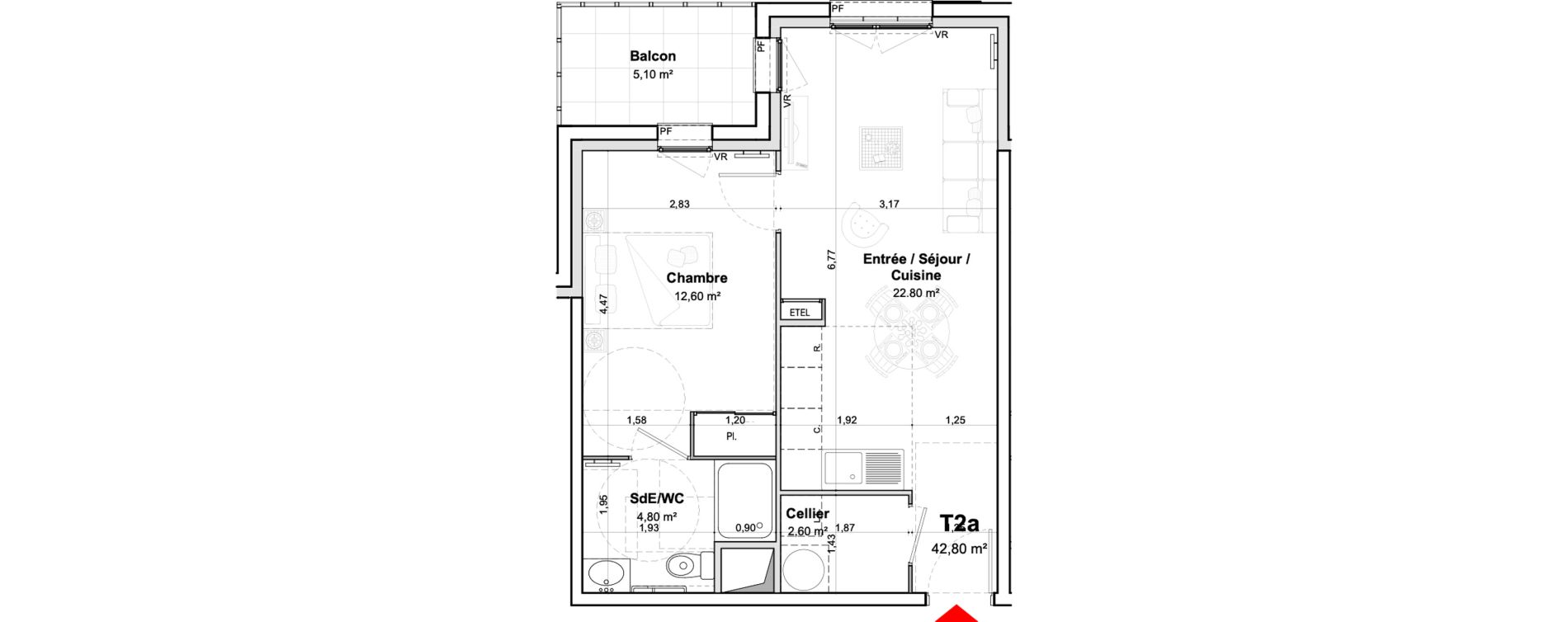 Appartement T2 meubl&eacute; de 42,80 m2 &agrave; Saumur Centre