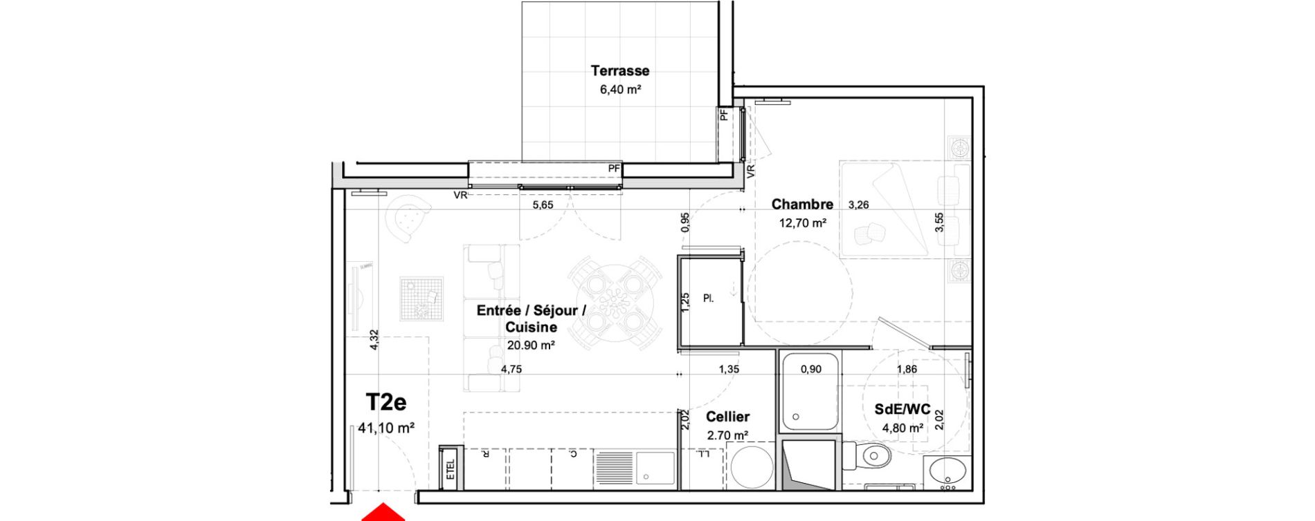 Appartement T2 meubl&eacute; de 41,10 m2 &agrave; Saumur Centre