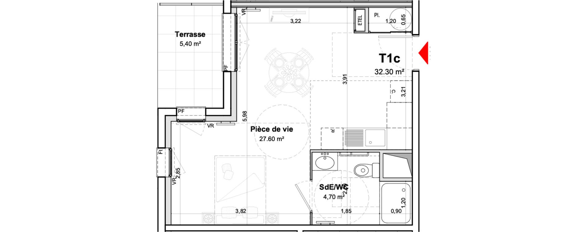 Appartement T1 meubl&eacute; de 32,30 m2 &agrave; Saumur Centre