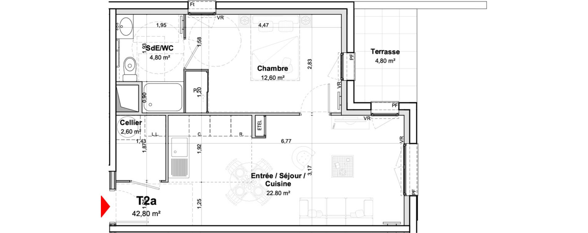 Appartement T2 meubl&eacute; de 42,80 m2 &agrave; Saumur Centre