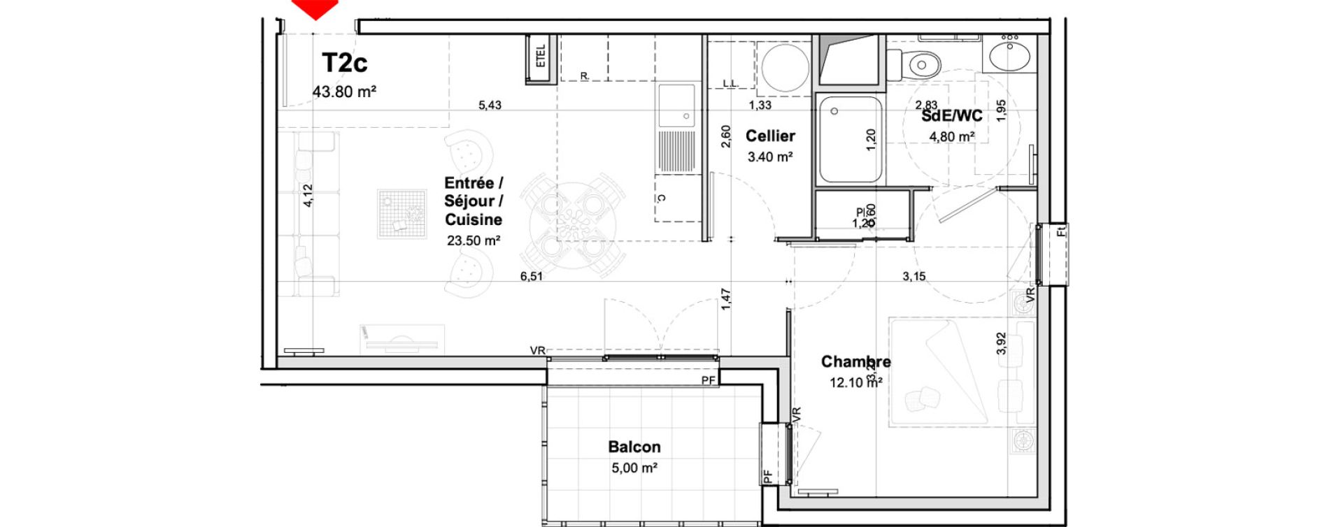 Appartement T2 meubl&eacute; de 43,80 m2 &agrave; Saumur Centre