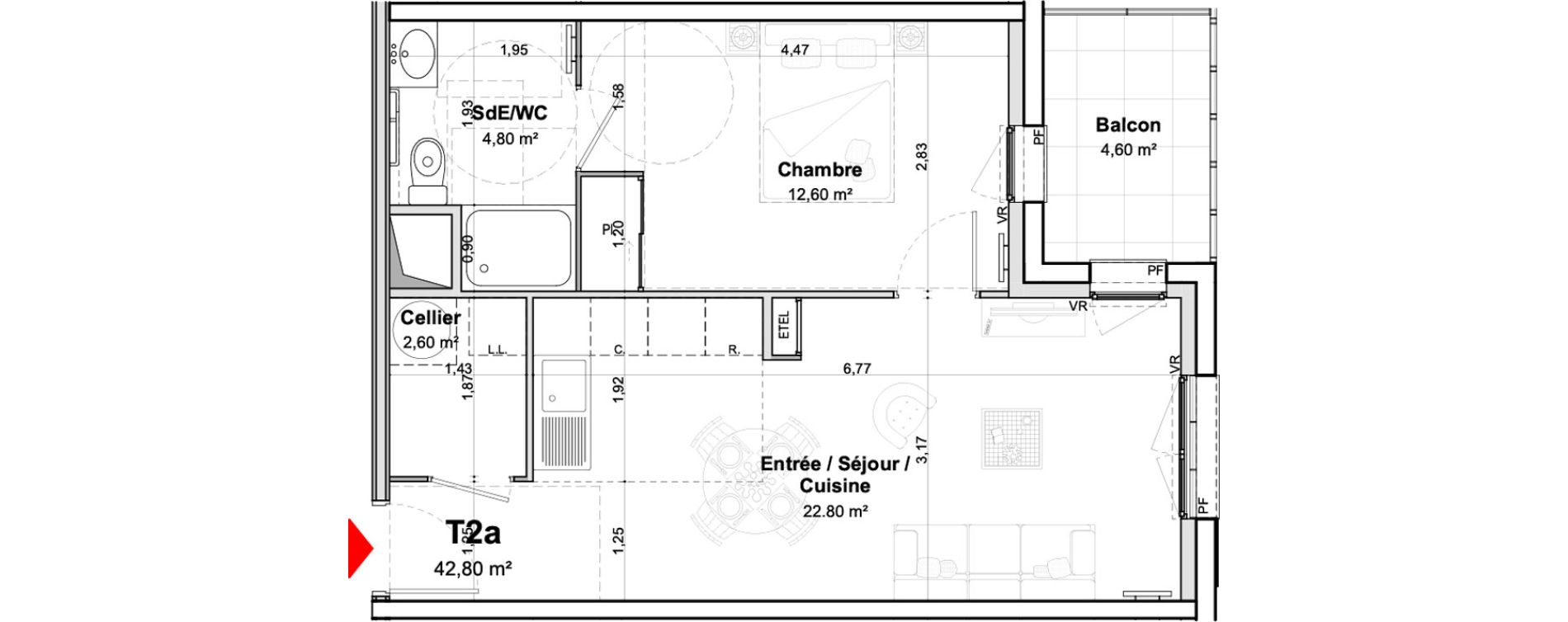 Appartement T2 meubl&eacute; de 42,80 m2 &agrave; Saumur Centre