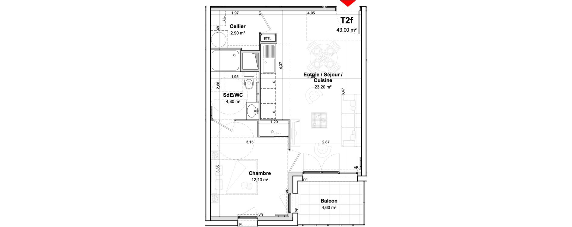 Appartement T2 meubl&eacute; de 43,00 m2 &agrave; Saumur Centre