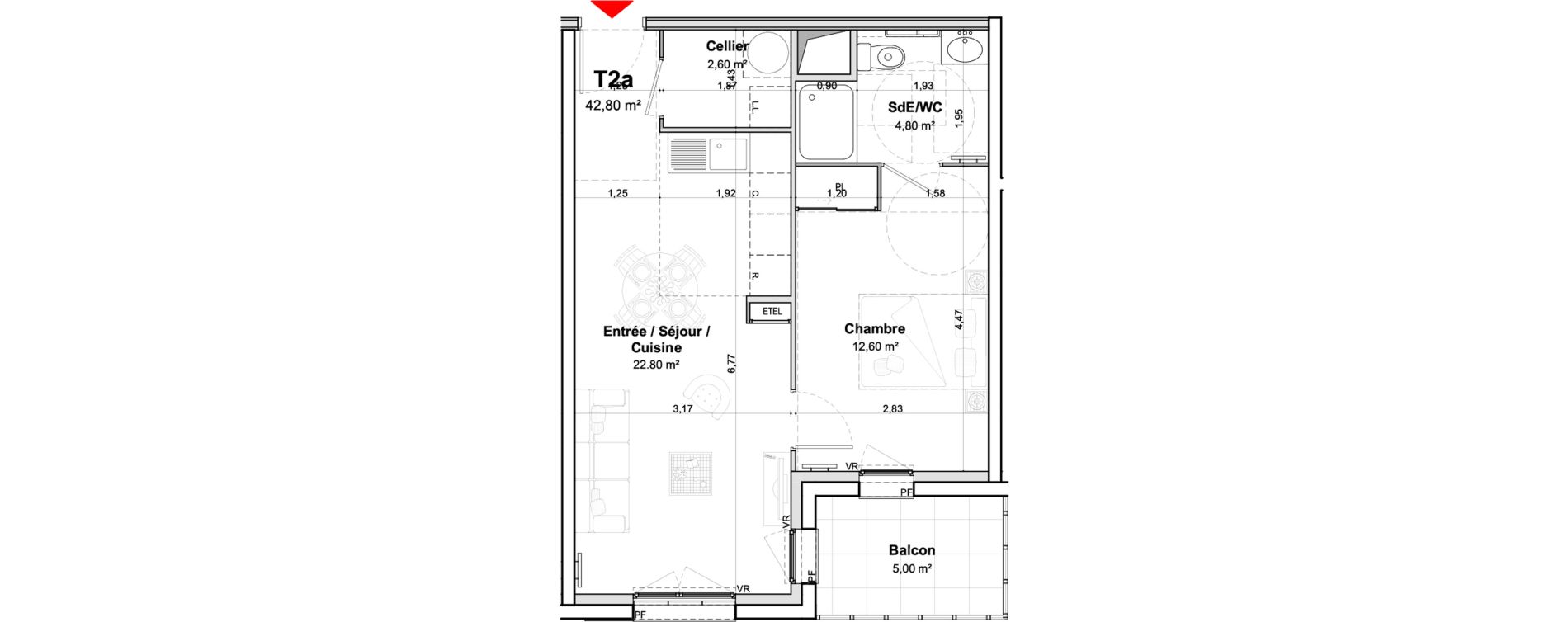 Appartement T2 meubl&eacute; de 42,80 m2 &agrave; Saumur Centre