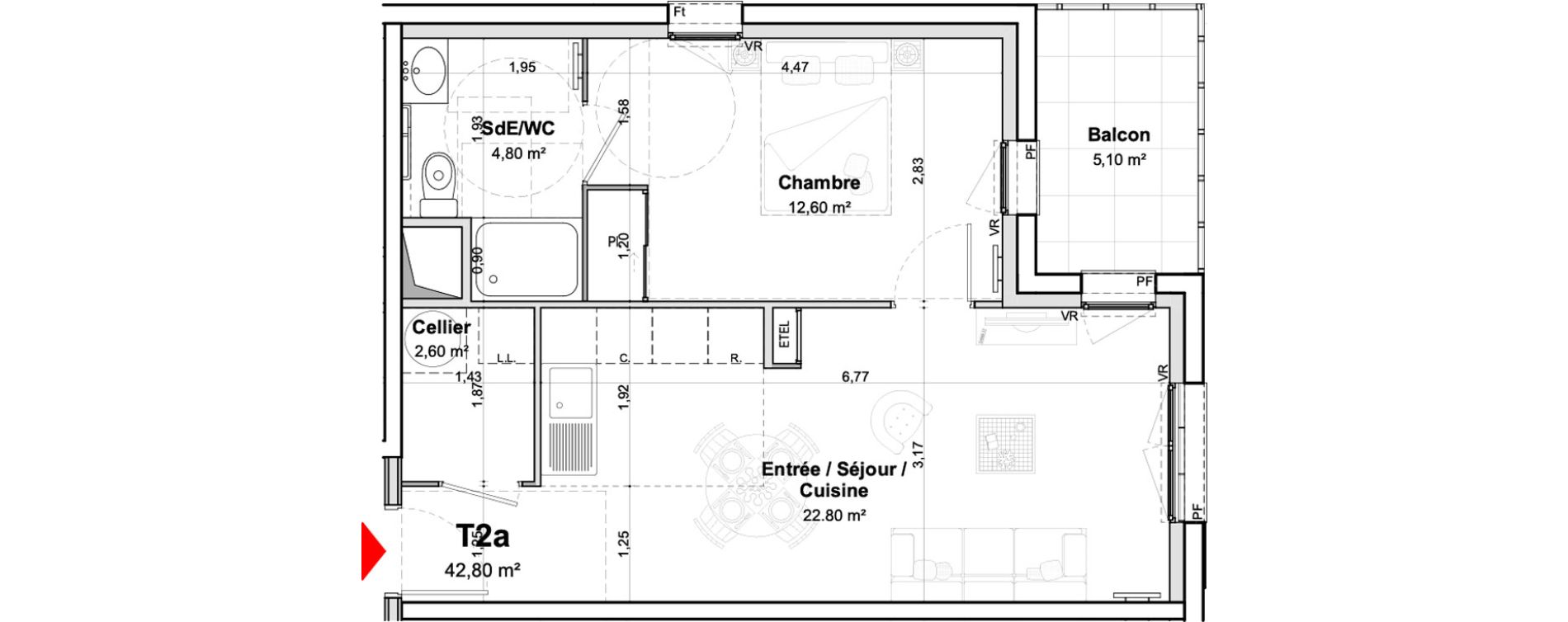 Appartement T2 meubl&eacute; de 42,80 m2 &agrave; Saumur Centre