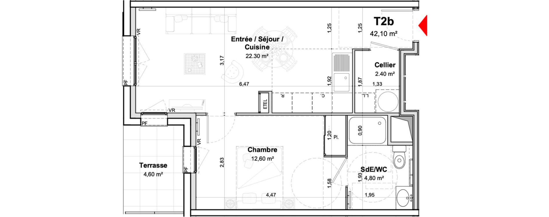 Appartement T2 meubl&eacute; de 42,10 m2 &agrave; Saumur Centre