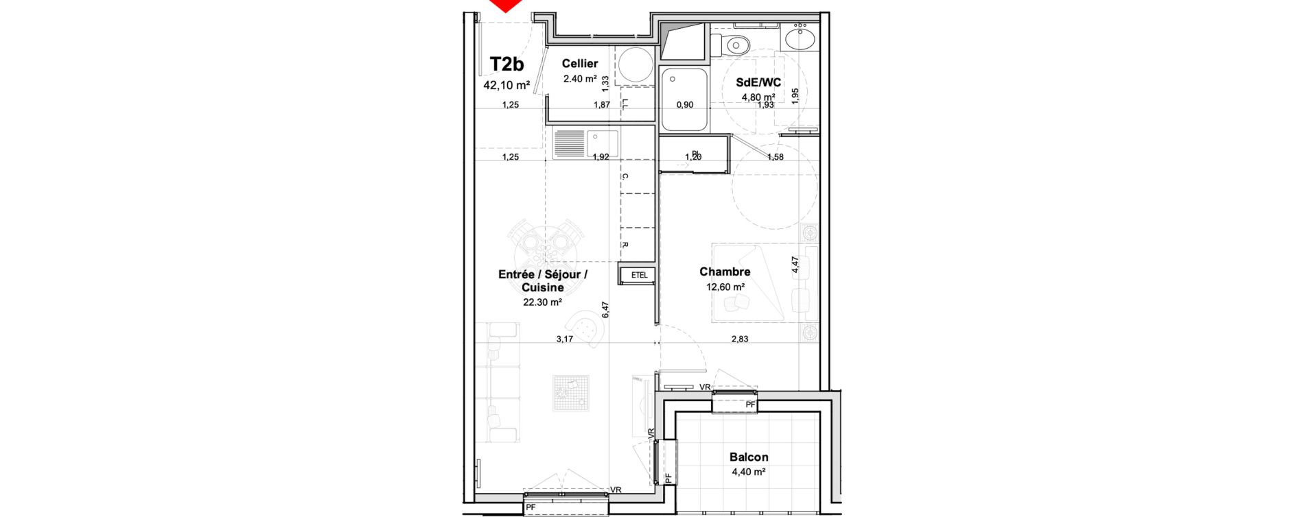 Appartement T2 meubl&eacute; de 42,10 m2 &agrave; Saumur Centre