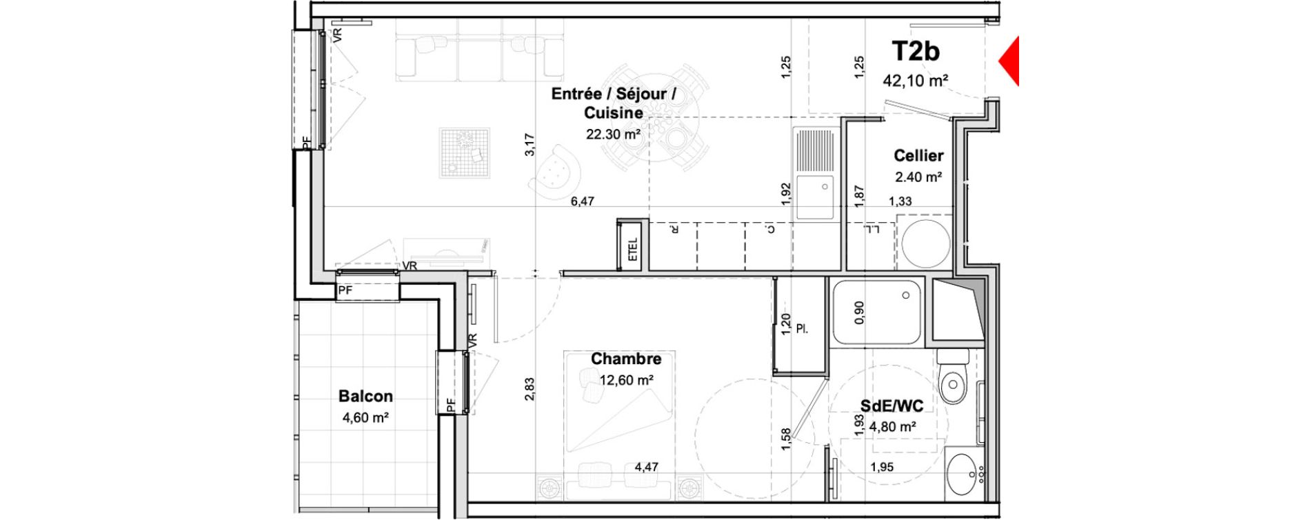 Appartement T2 meubl&eacute; de 42,10 m2 &agrave; Saumur Centre