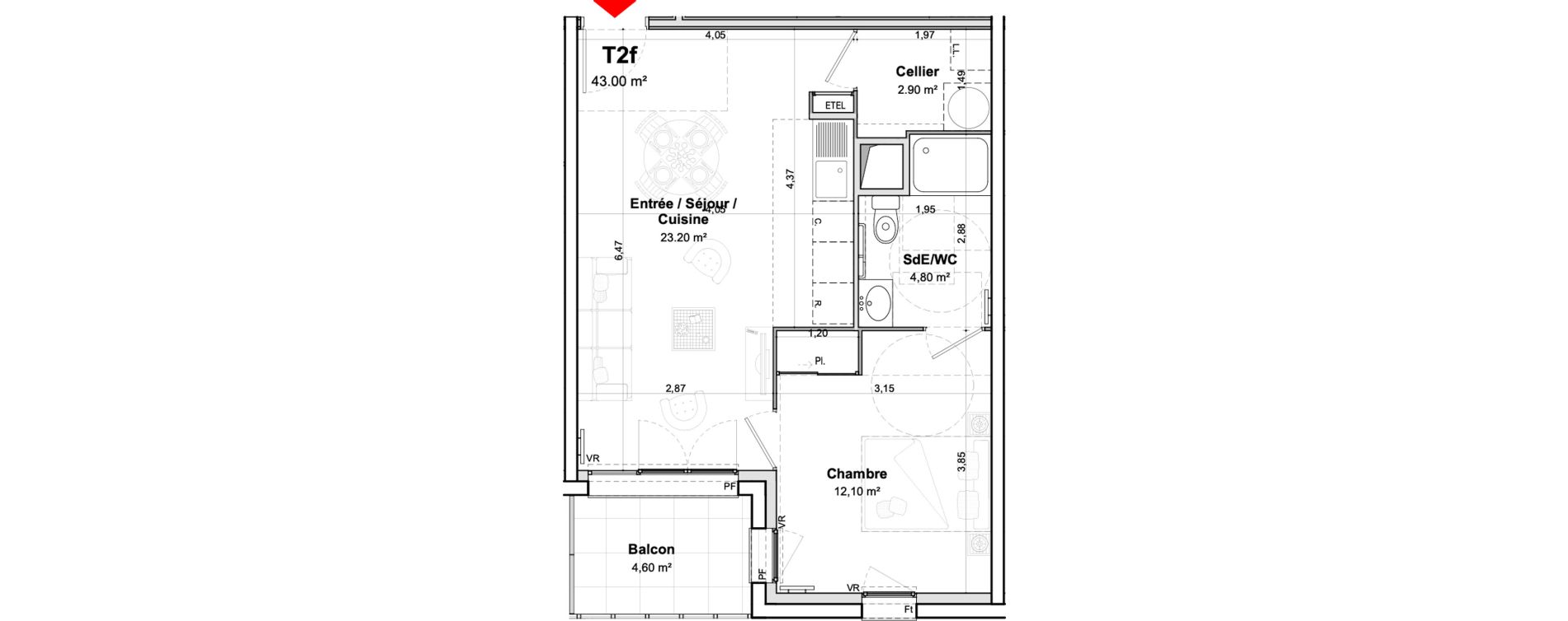 Appartement T2 meubl&eacute; de 43,00 m2 &agrave; Saumur Centre