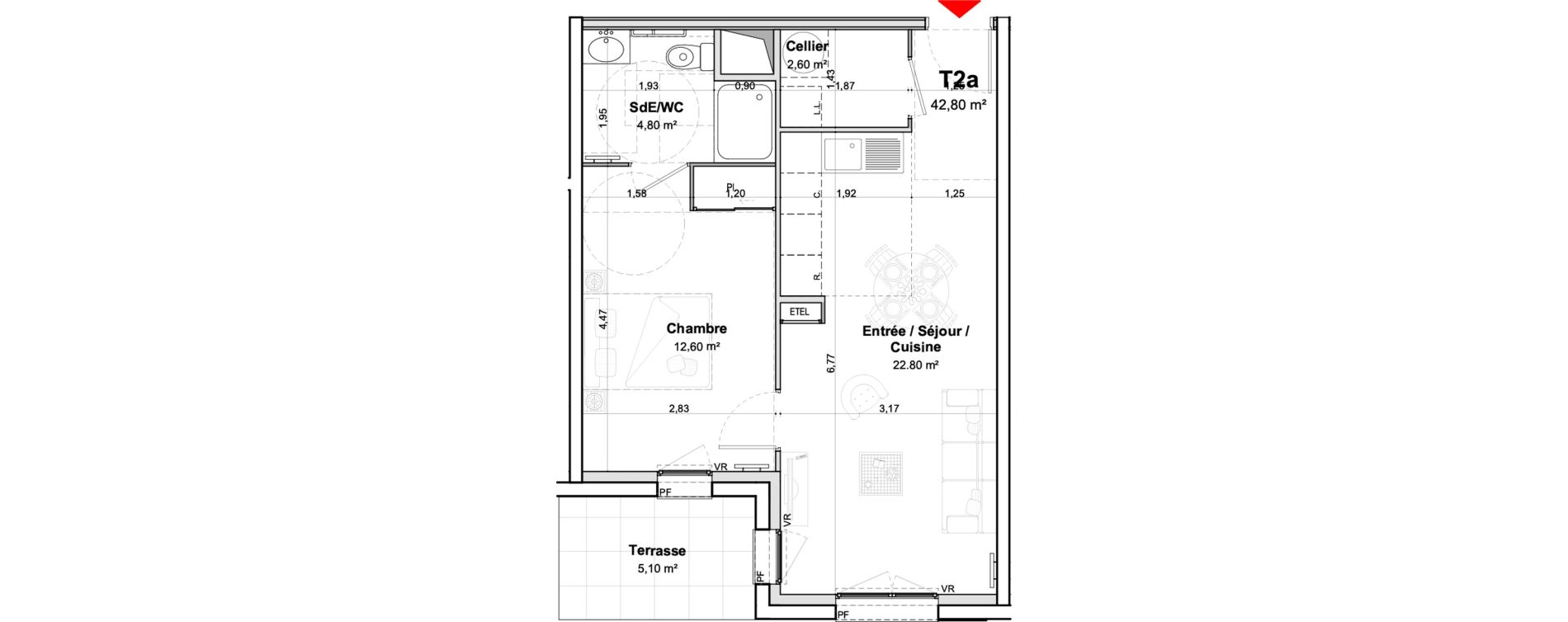 Appartement T2 meubl&eacute; de 42,80 m2 &agrave; Saumur Centre