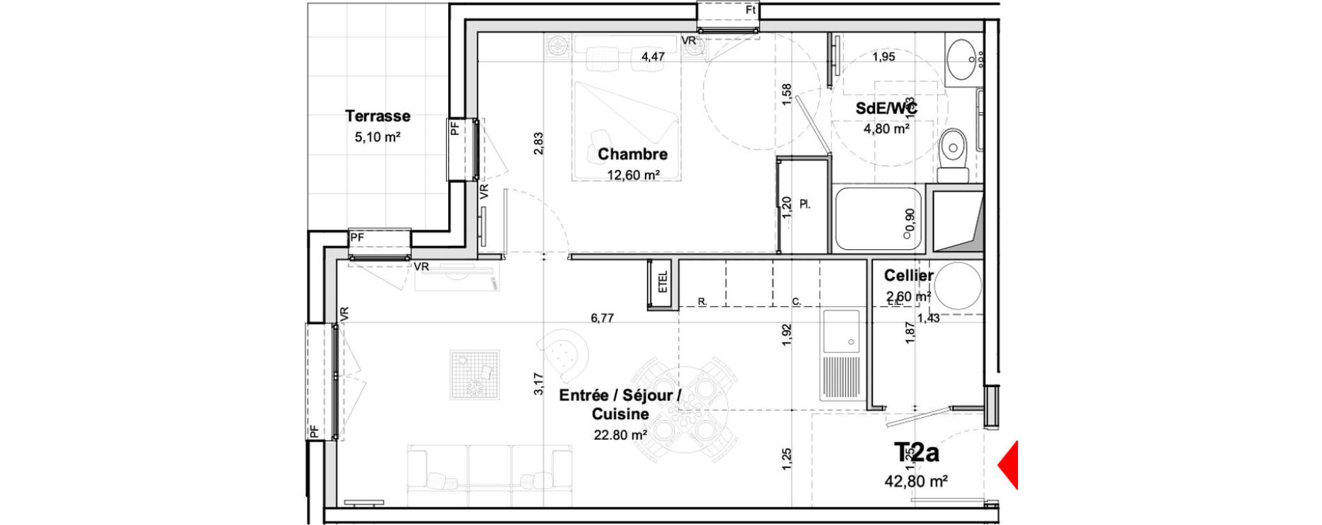 Appartement T2 meubl&eacute; de 42,80 m2 &agrave; Saumur Centre