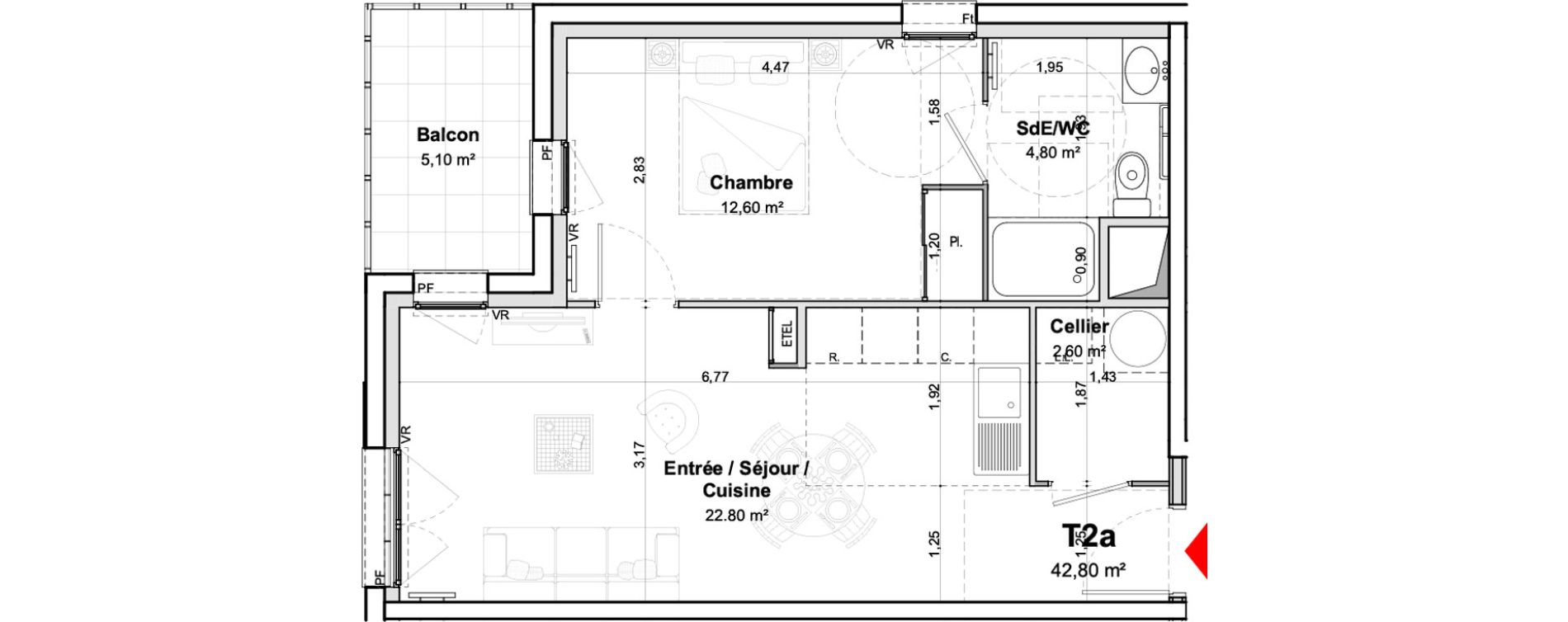 Appartement T2 meubl&eacute; de 42,80 m2 &agrave; Saumur Centre