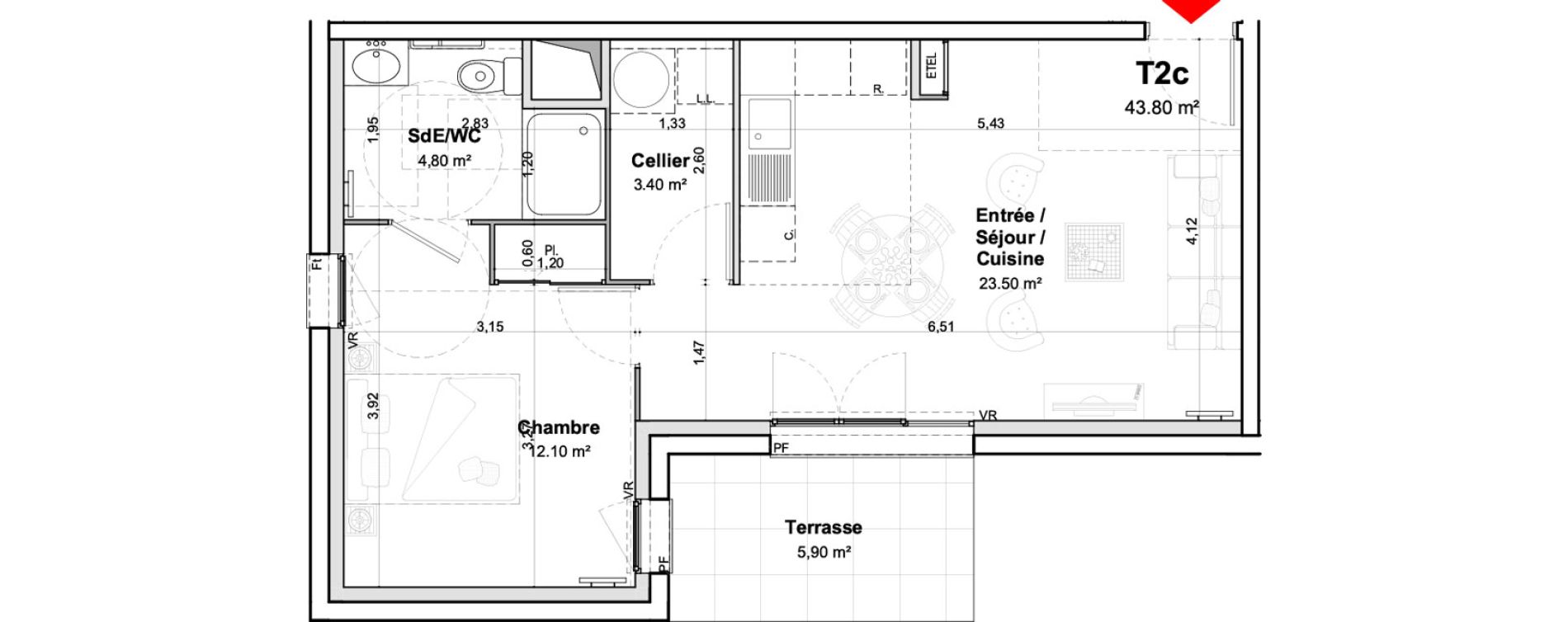 Appartement T2 meubl&eacute; de 43,80 m2 &agrave; Saumur Centre