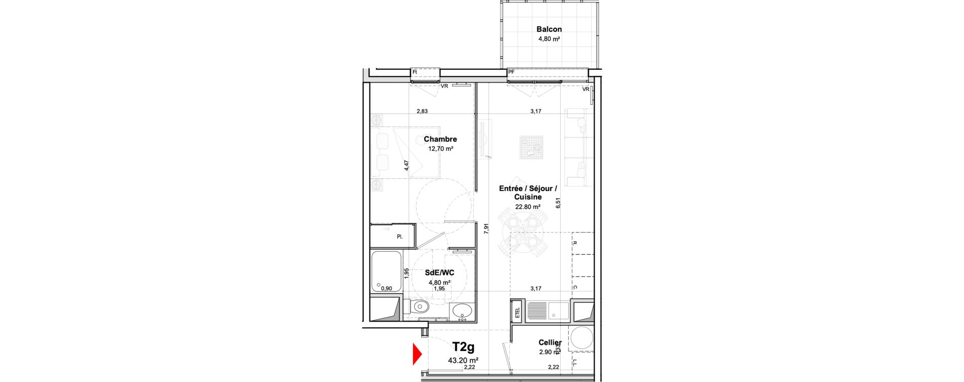 Appartement T2 meubl&eacute; de 43,20 m2 &agrave; Saumur Centre