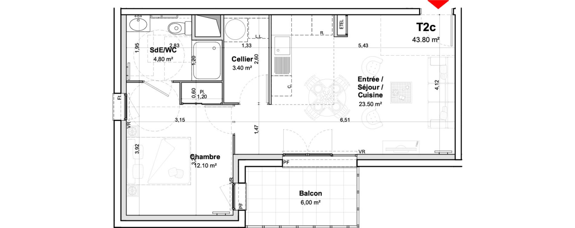 Appartement T2 meubl&eacute; de 43,80 m2 &agrave; Saumur Centre