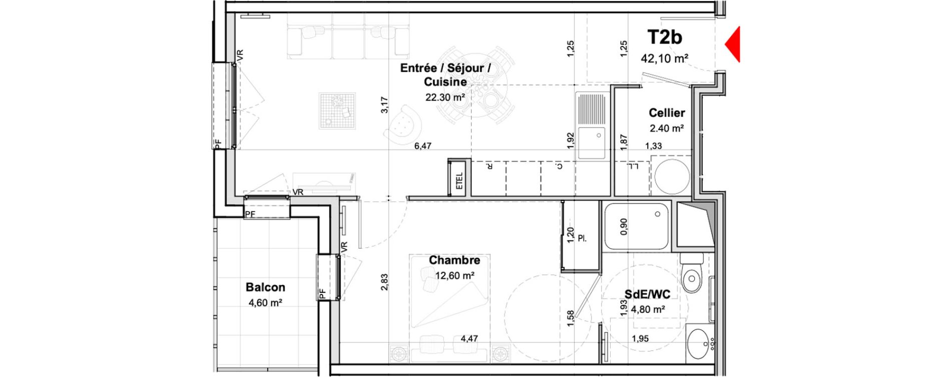 Appartement T2 meubl&eacute; de 42,10 m2 &agrave; Saumur Centre