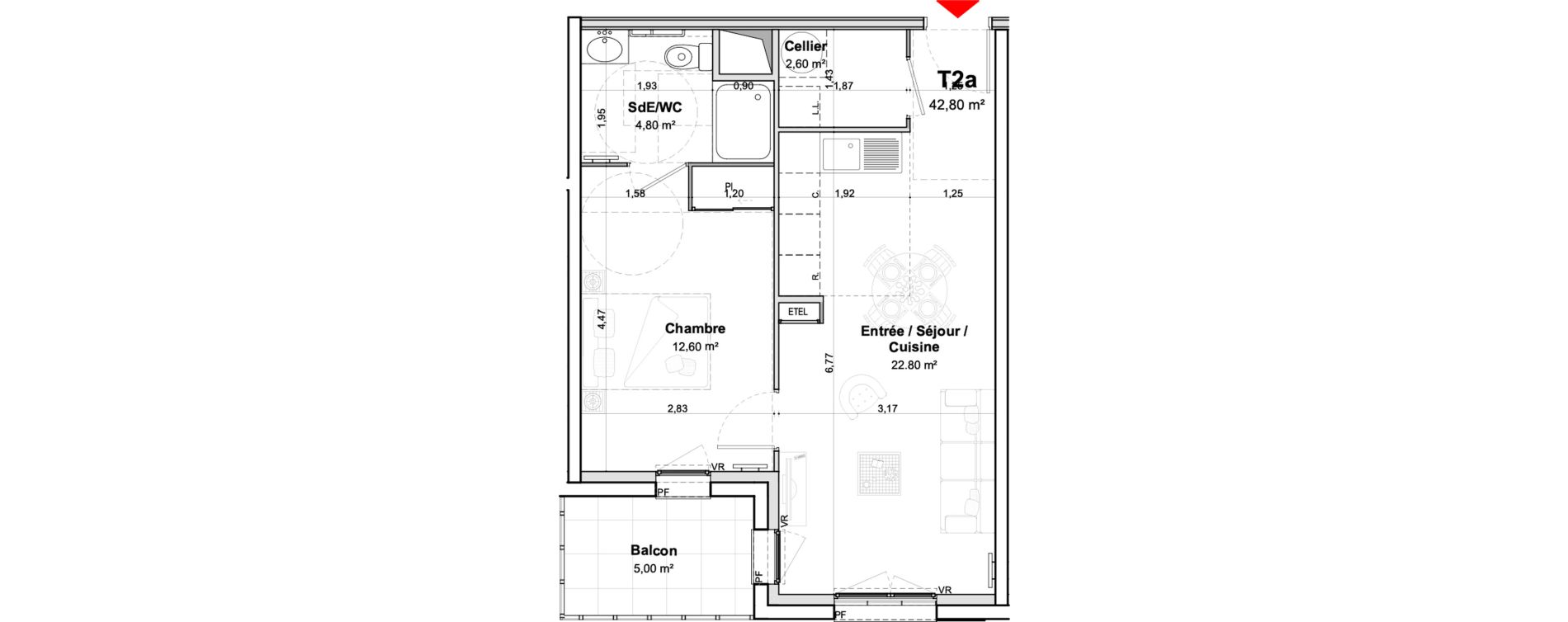 Appartement T2 meubl&eacute; de 42,80 m2 &agrave; Saumur Centre