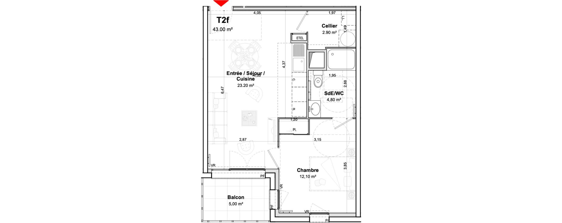 Appartement T2 meubl&eacute; de 43,00 m2 &agrave; Saumur Centre