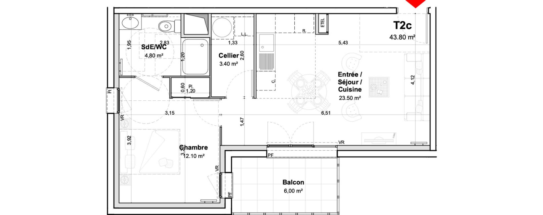 Appartement T2 meubl&eacute; de 43,80 m2 &agrave; Saumur Centre