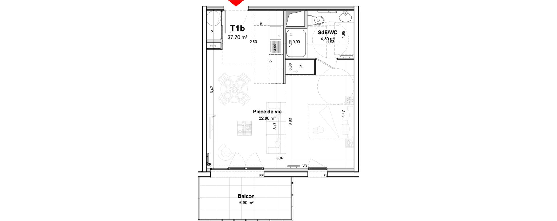 Appartement T1 meubl&eacute; de 37,70 m2 &agrave; Saumur Centre