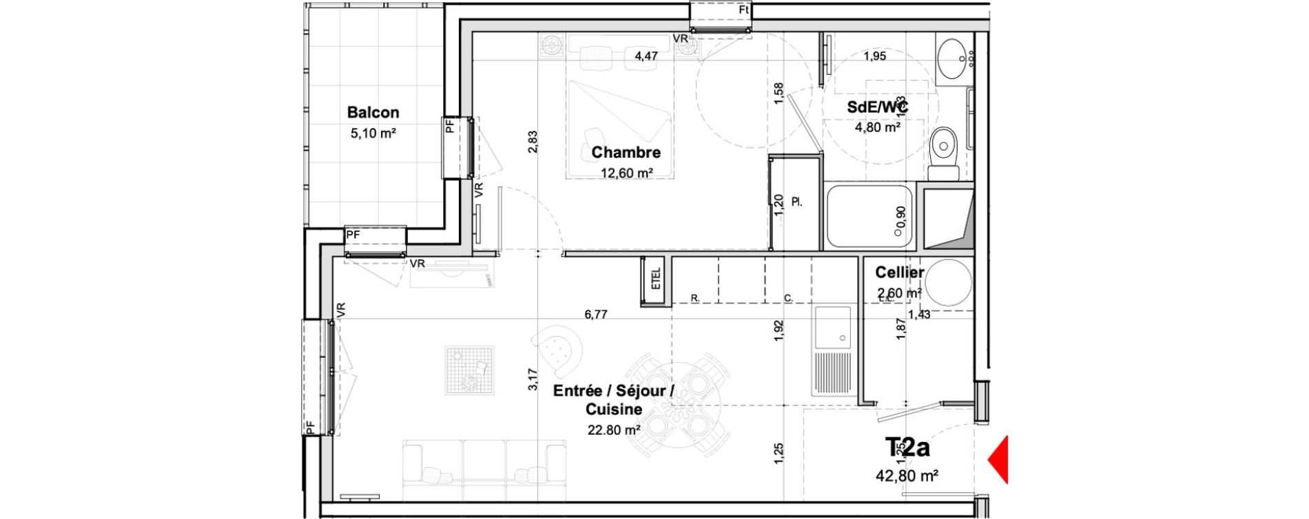 Appartement T2 meubl&eacute; de 42,80 m2 &agrave; Saumur Centre