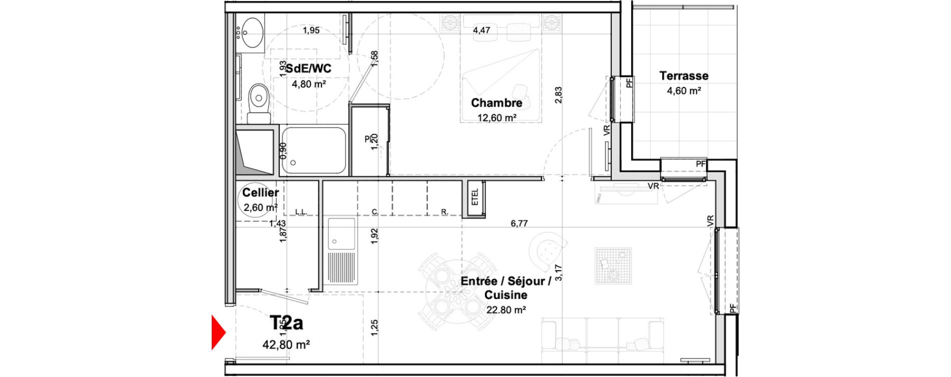 Appartement T2 meubl&eacute; de 42,80 m2 &agrave; Saumur Centre