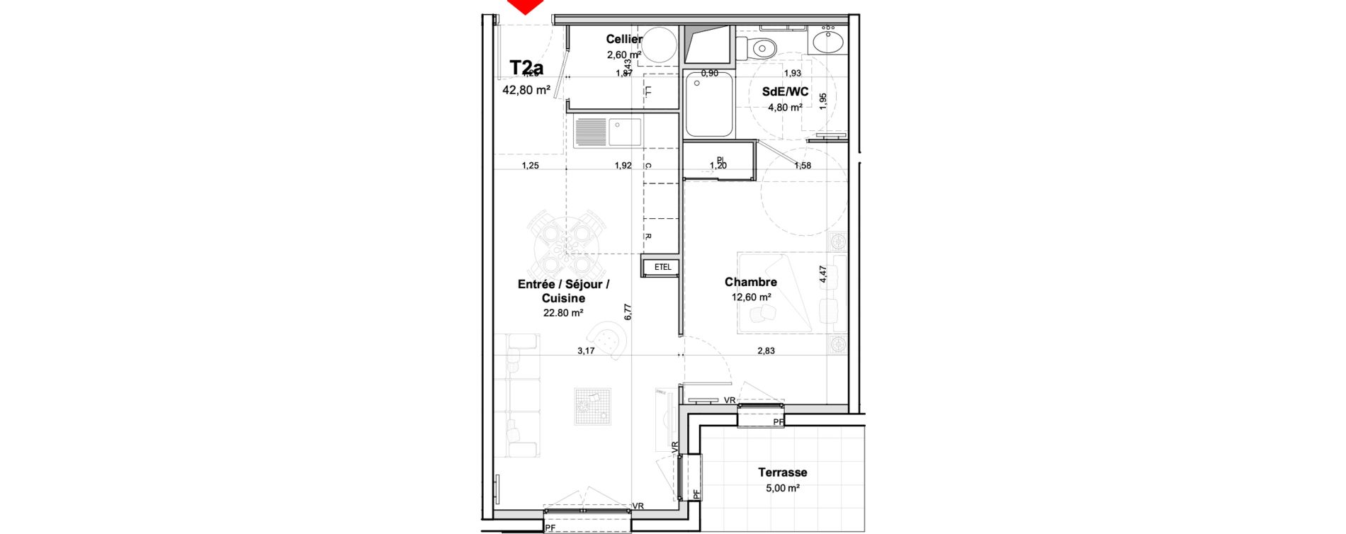 Appartement T2 meubl&eacute; de 42,80 m2 &agrave; Saumur Centre