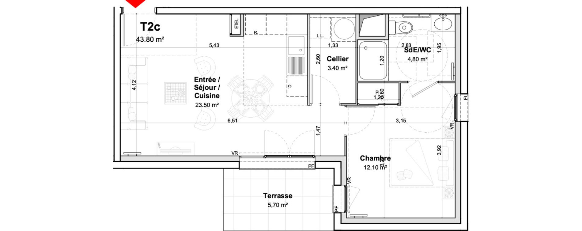 Appartement T2 meubl&eacute; de 43,80 m2 &agrave; Saumur Centre