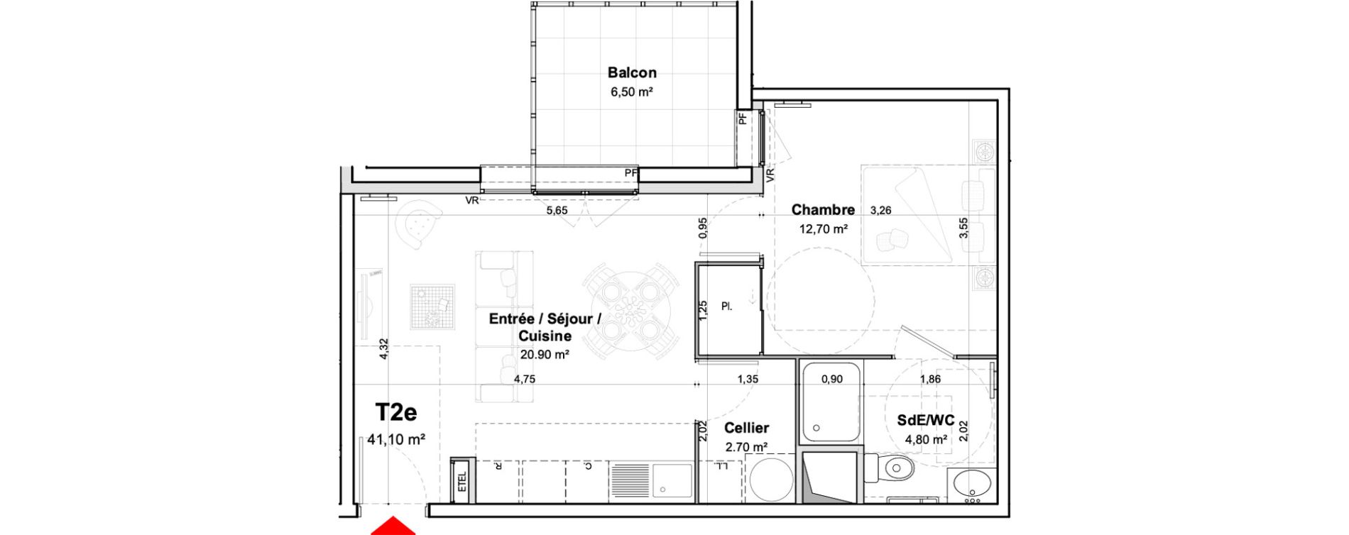 Appartement T2 meubl&eacute; de 41,10 m2 &agrave; Saumur Centre