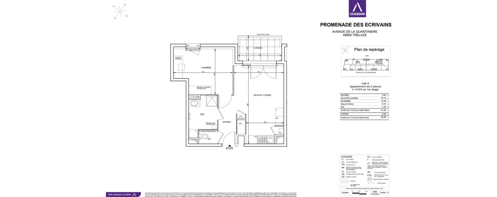 Appartement T2 de 41,46 m2 &agrave; Tr&eacute;laz&eacute; La quantini&egrave;re