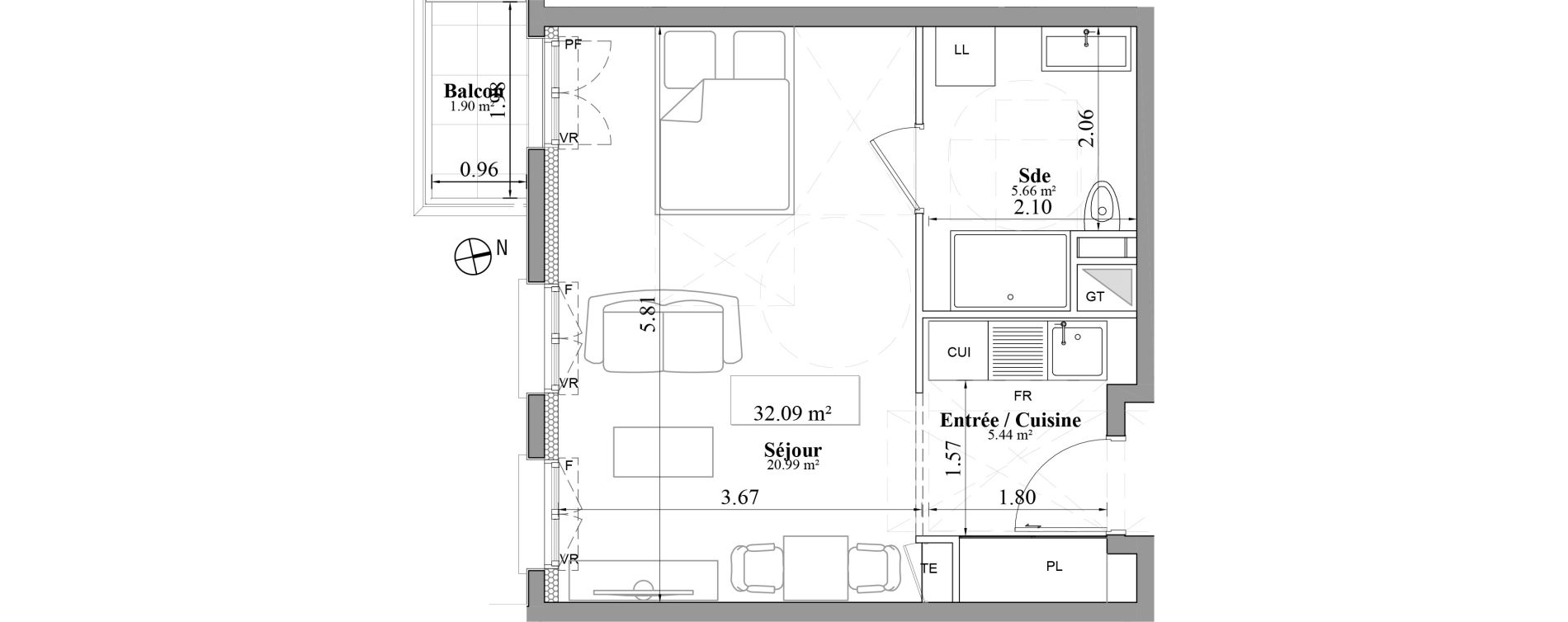 Appartement T1 de 32,09 m2 &agrave; Laval Les fourches