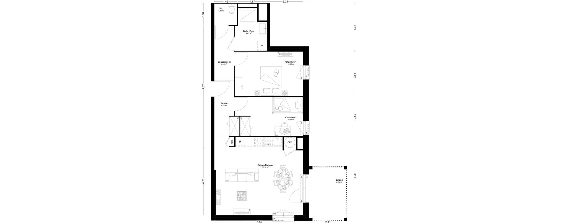 Appartement T3 de 65,98 m2 &agrave; L'Huisserie Centre
