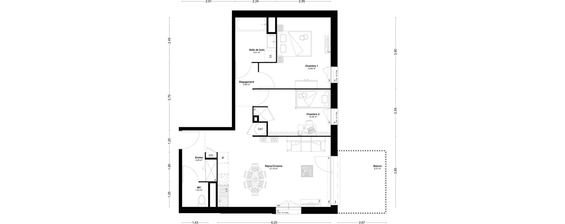 Appartement T3 de 64,03 m2 &agrave; L'Huisserie Centre