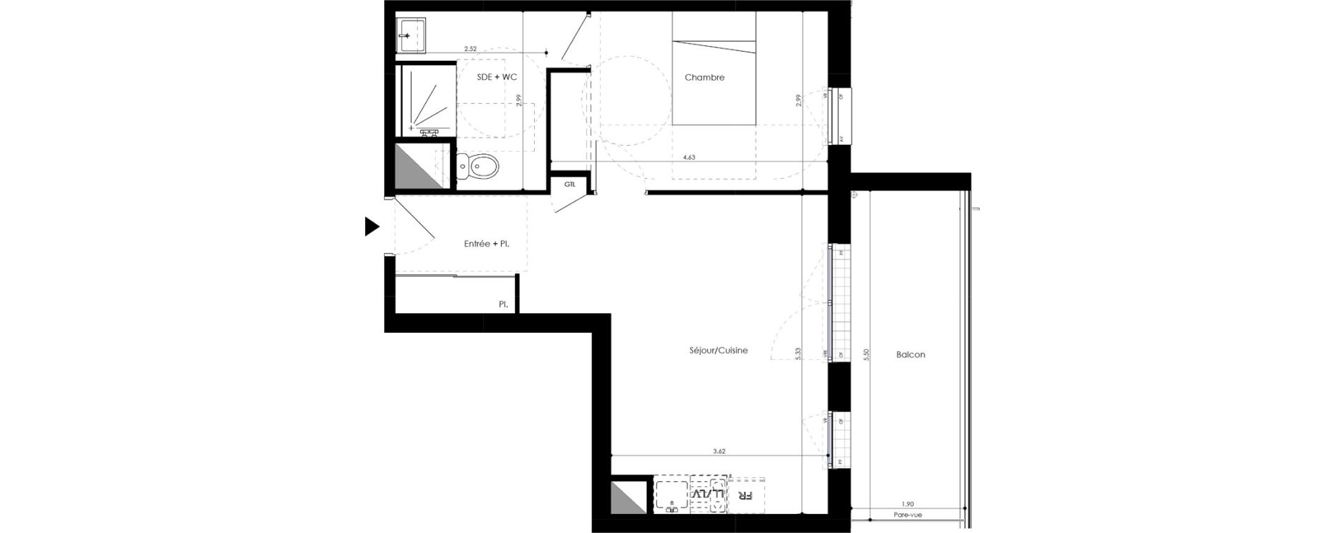 Appartement T2 de 45,92 m2 &agrave; L'Huisserie Centre