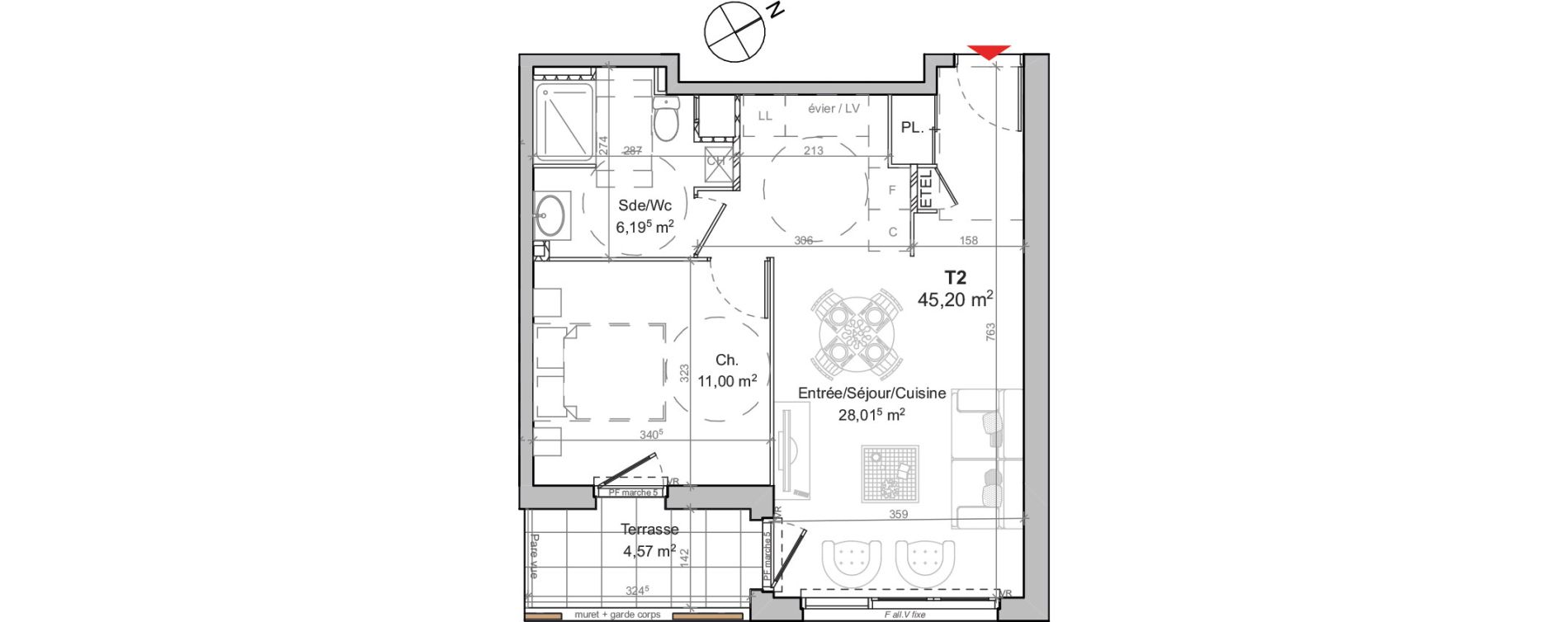 Appartement T2 de 45,20 m2 au Mans Boussini&egrave;re