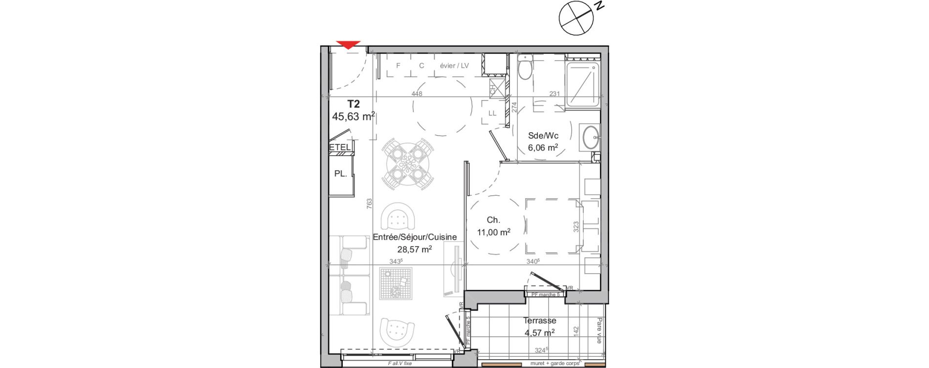 Appartement T2 de 45,63 m2 au Mans Boussini&egrave;re