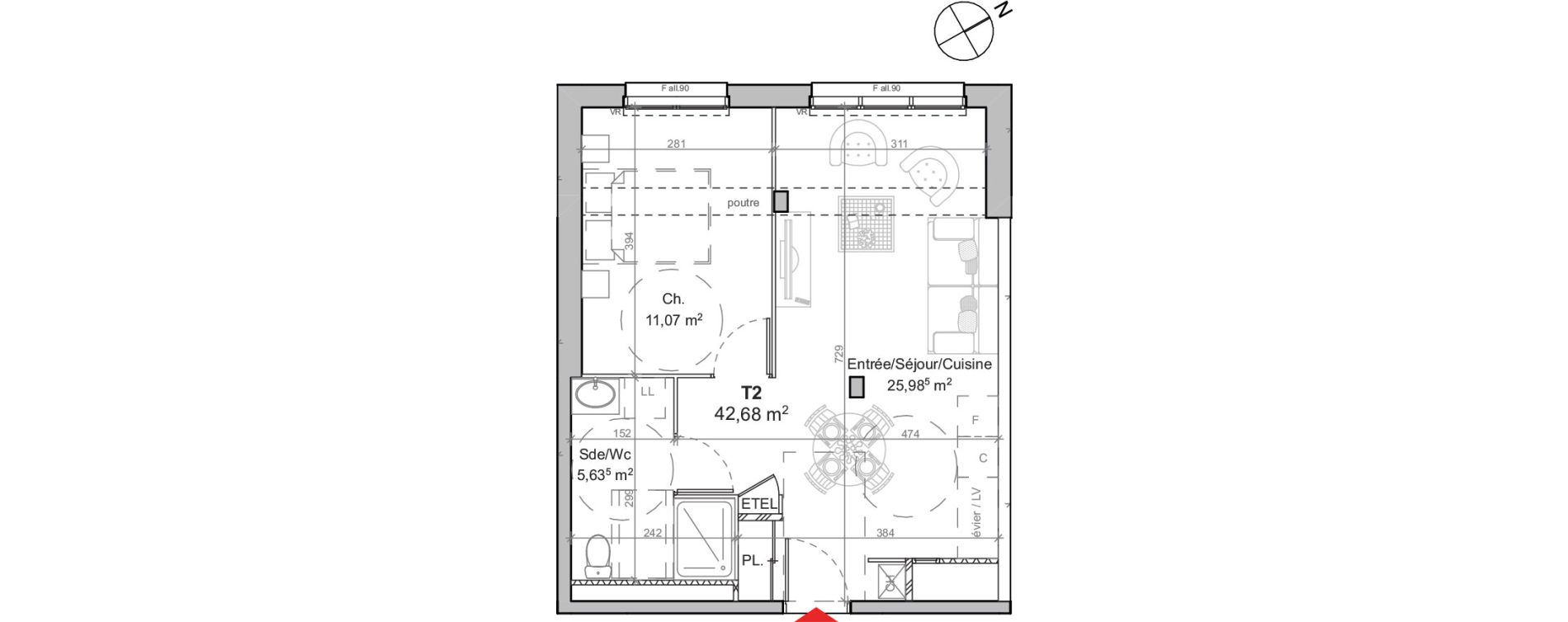 Appartement T2 de 42,68 m2 au Mans Boussini&egrave;re