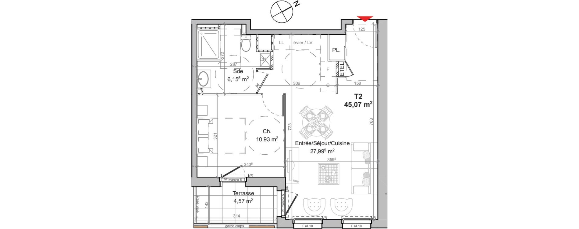 Appartement T2 de 45,07 m2 au Mans Boussini&egrave;re
