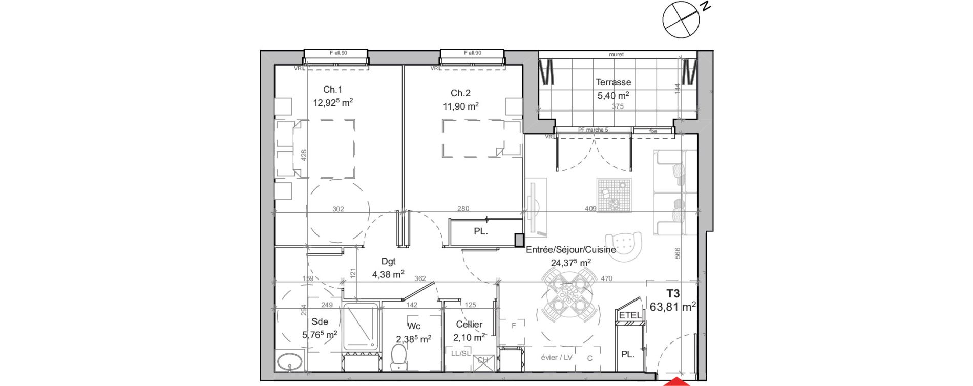 Appartement T3 de 63,81 m2 au Mans Boussini&egrave;re
