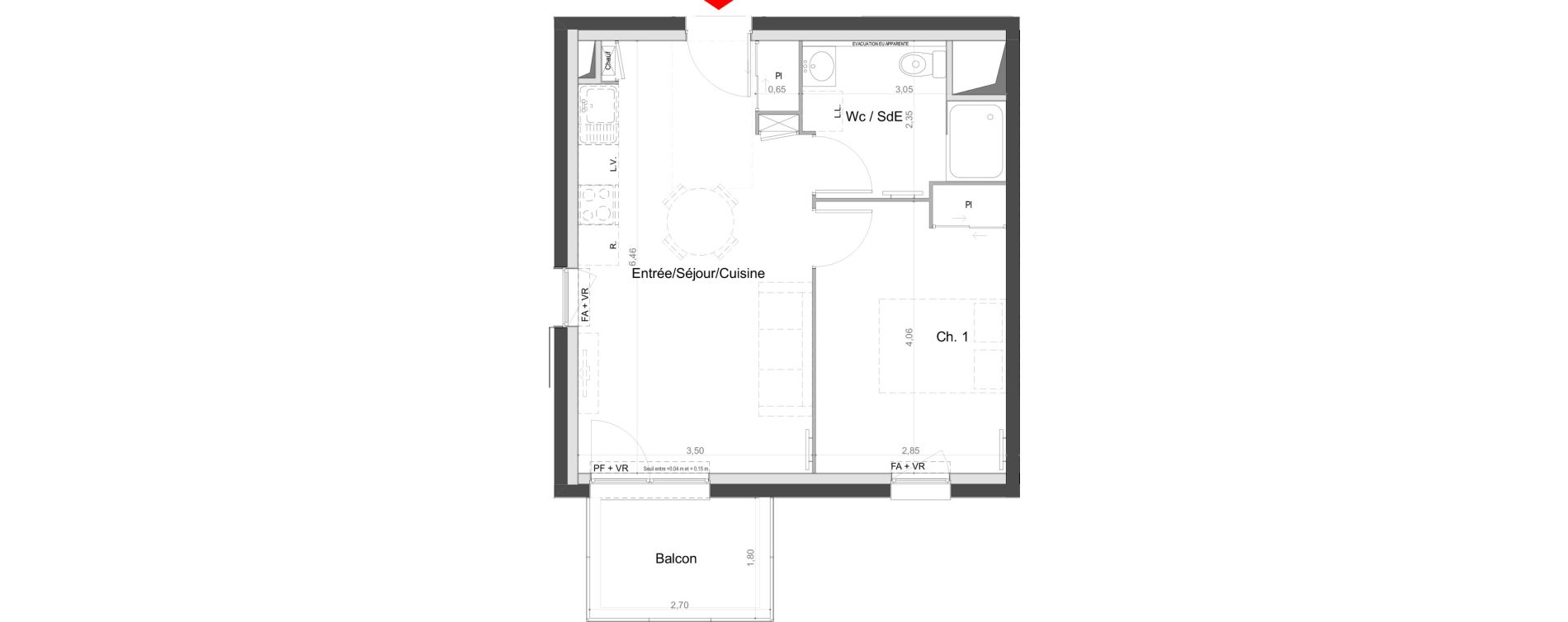 Appartement T2 de 39,20 m2 au Mans Batignolles