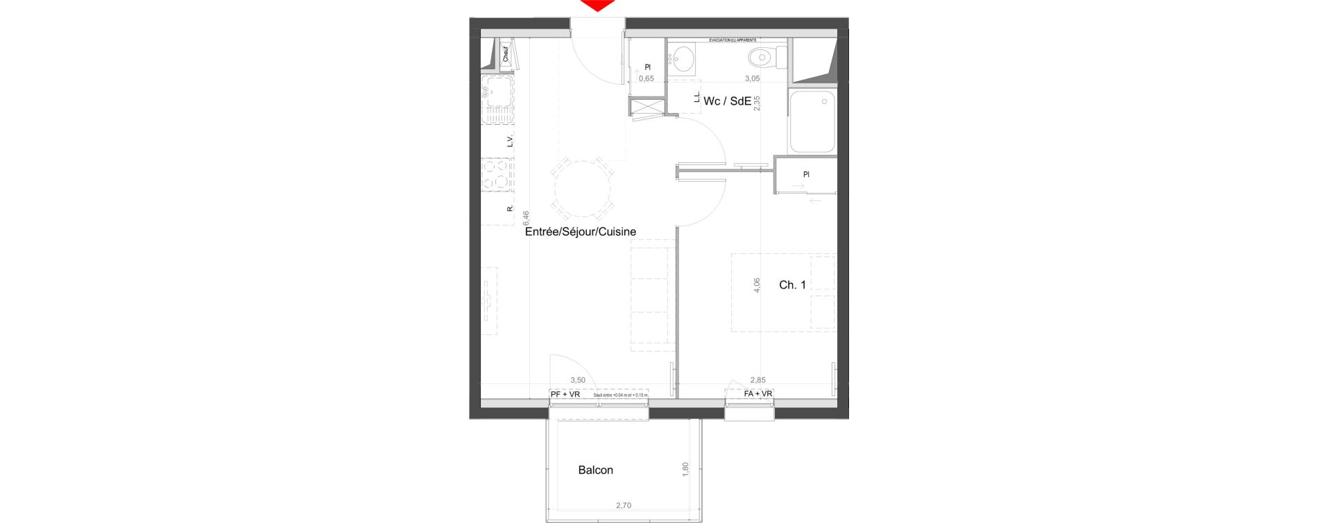 Appartement T2 de 39,20 m2 au Mans Batignolles