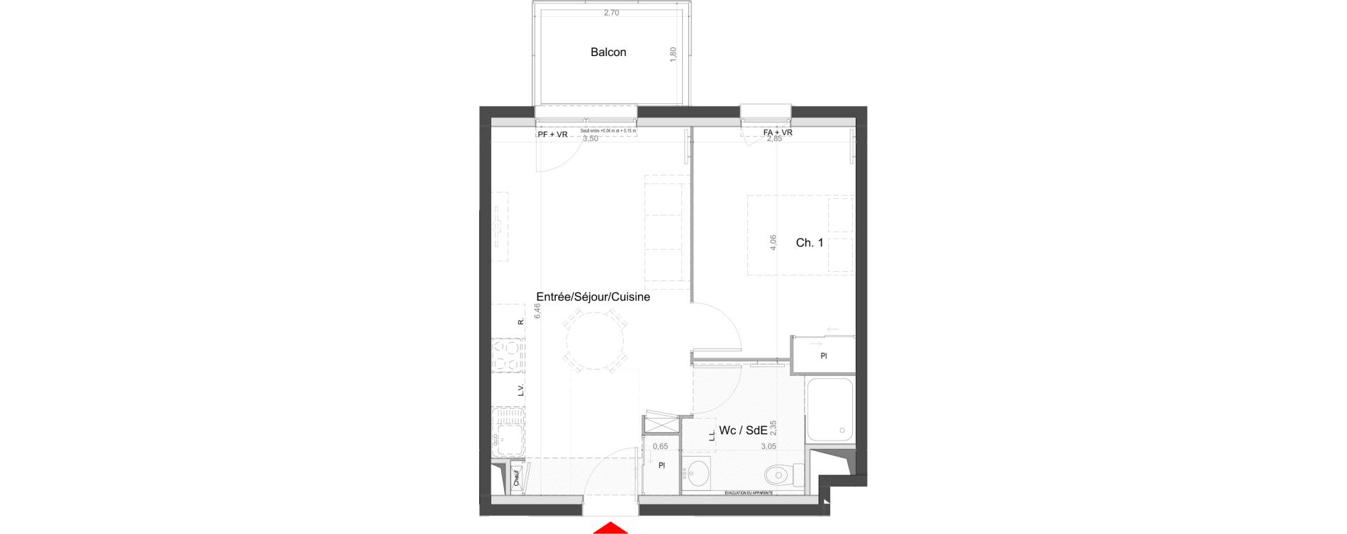 Appartement T2 de 39,20 m2 au Mans Batignolles