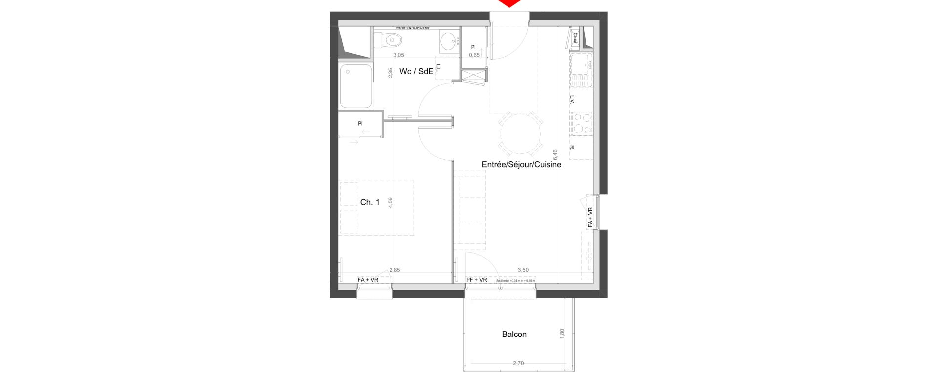 Appartement T2 de 39,20 m2 au Mans Batignolles