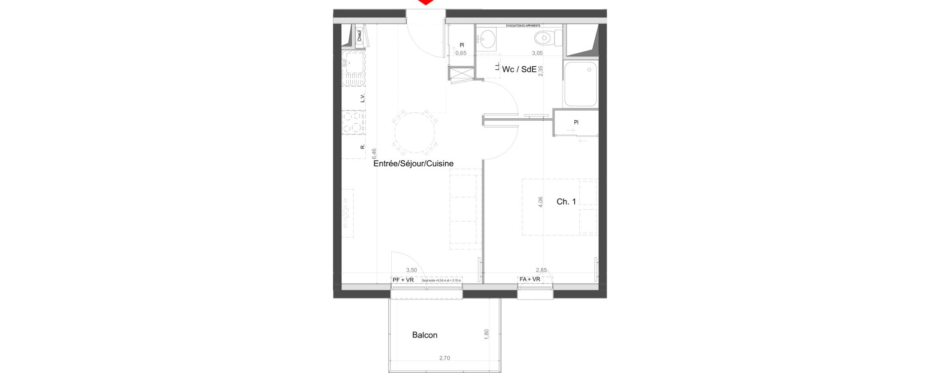 Appartement T2 de 39,20 m2 au Mans Batignolles