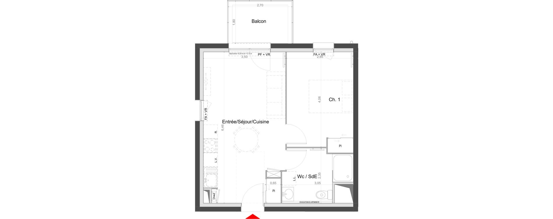 Appartement T2 de 39,20 m2 au Mans Batignolles