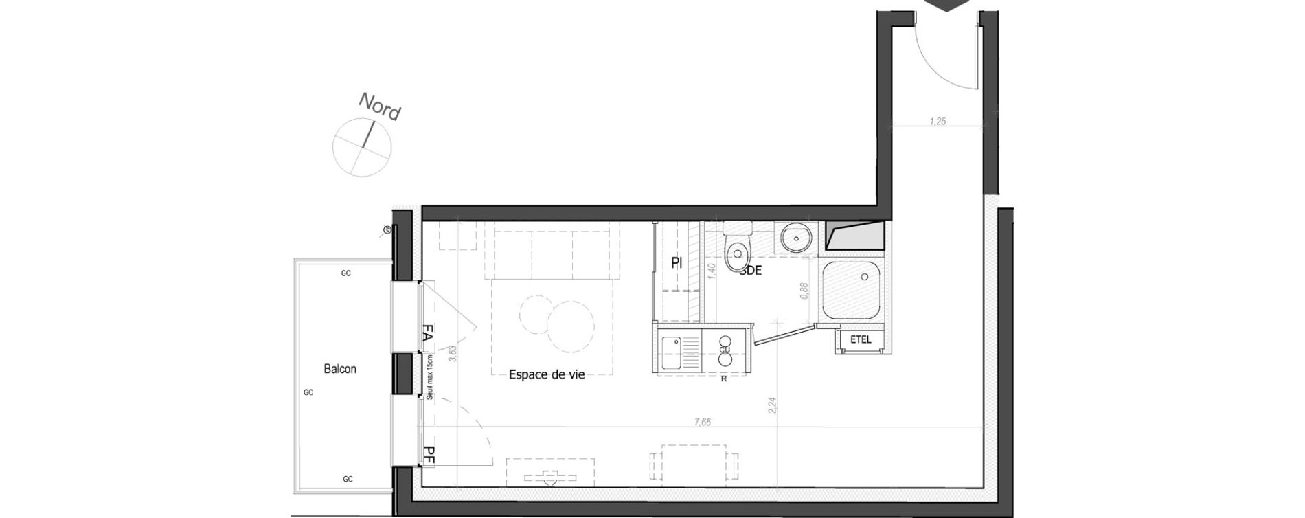Appartement T1 de 29,33 m2 au Mans Nationale