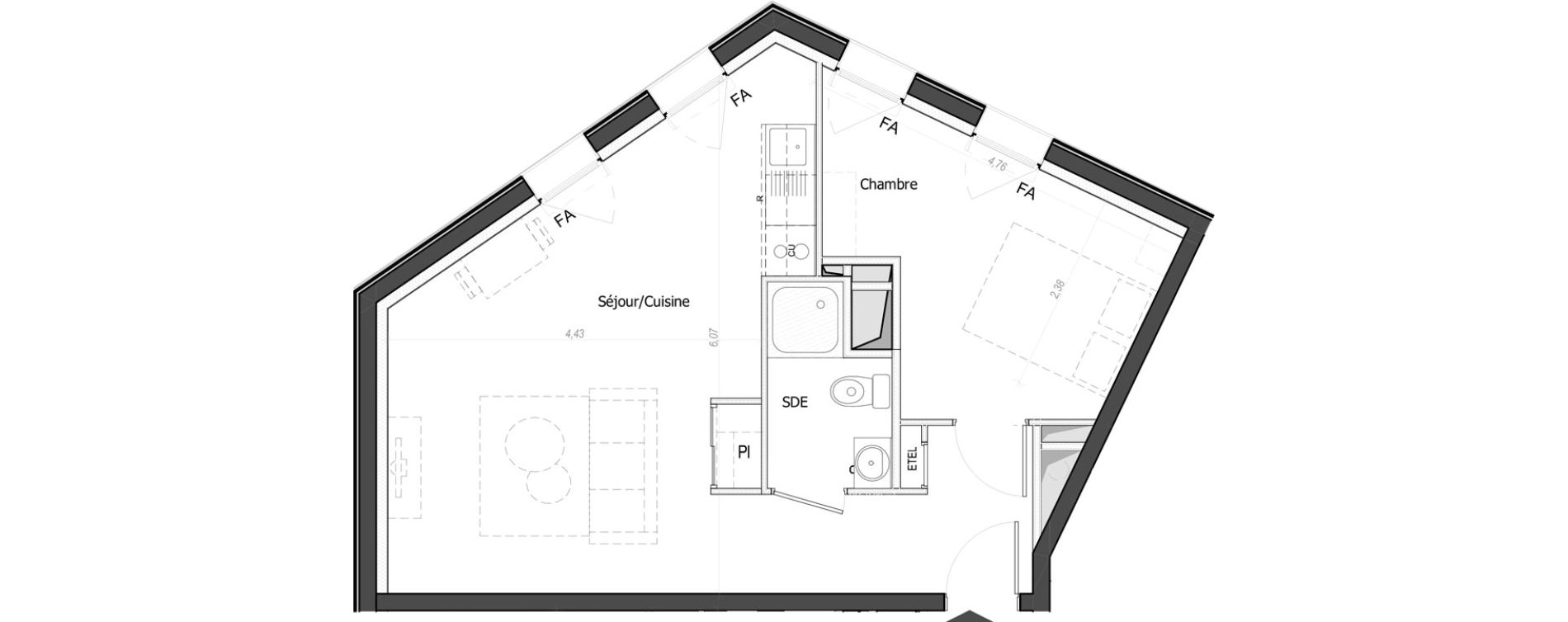 Appartement T2 de 41,29 m2 au Mans Nationale