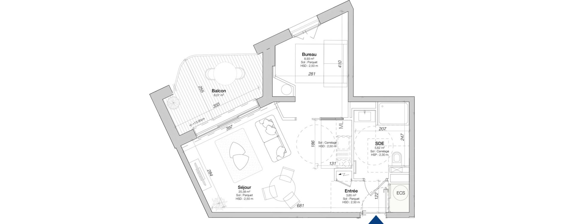 Appartement T1 bis de 38,58 m2 au Mans Courboulay